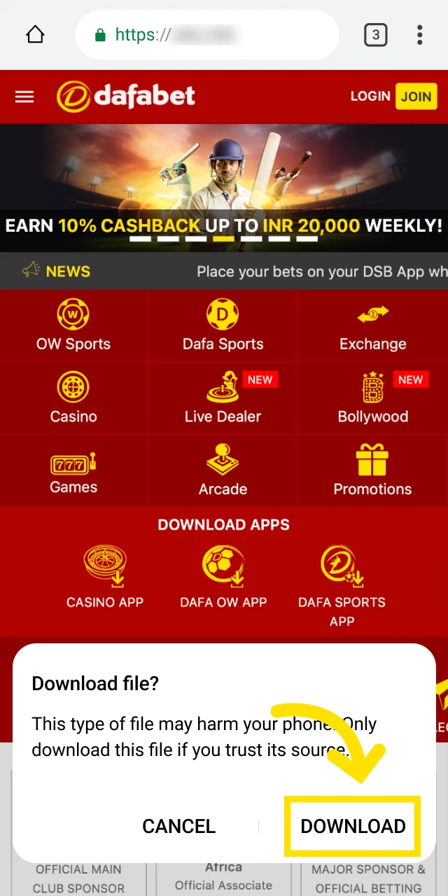 Select the Android apk option to get the Dafabet app.