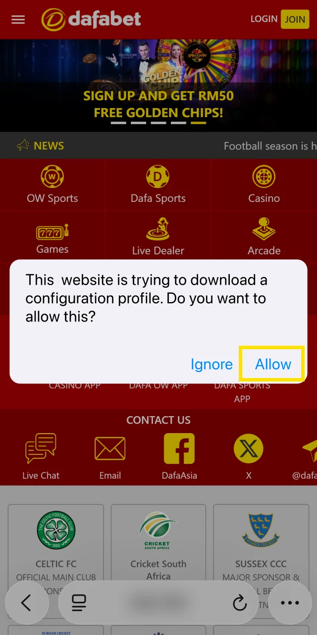 Start the secure installation of the Dafabet Crazy Time mobile app.