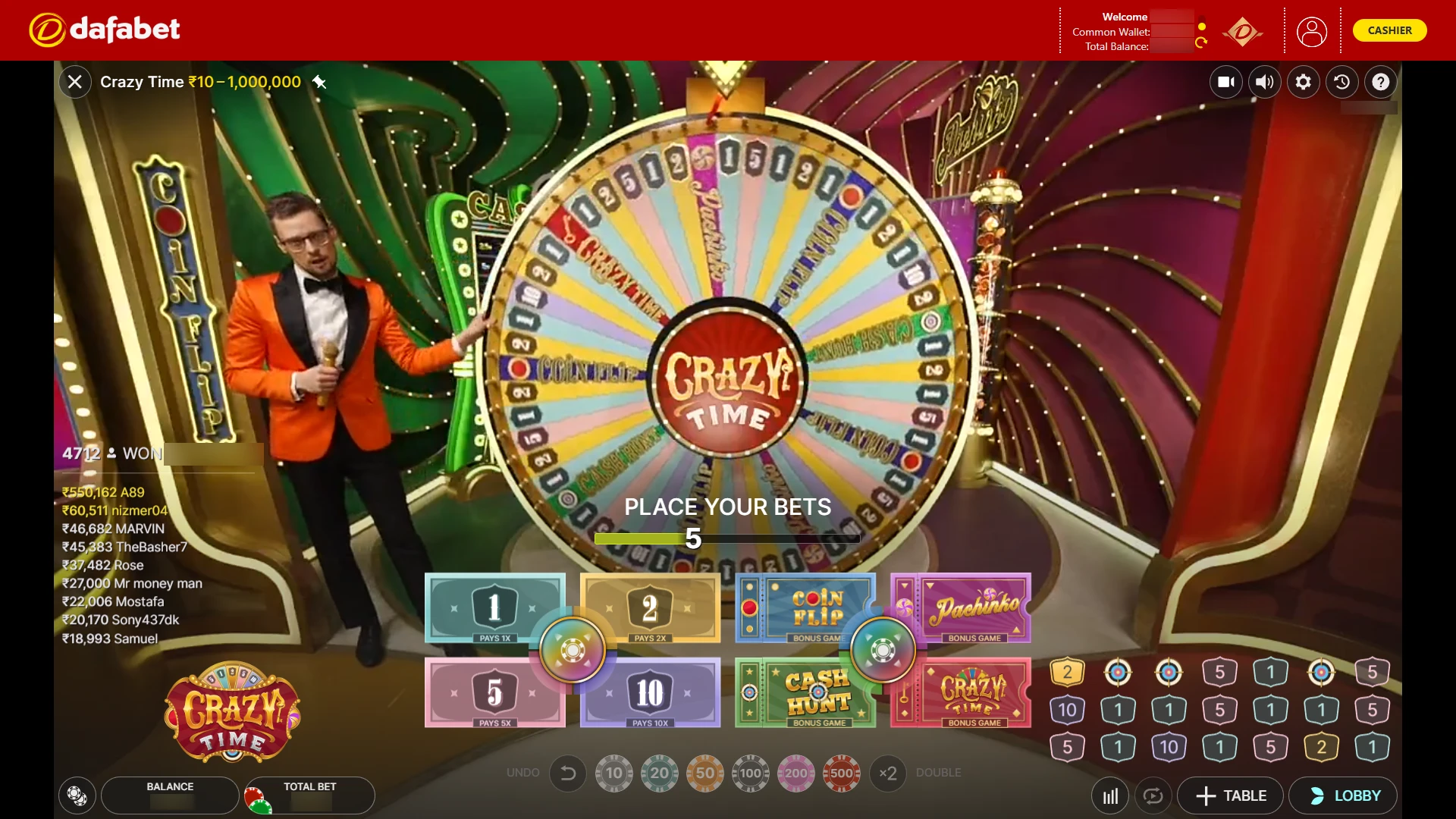 Place bet on your favorite numbers in the Dafabet Crazy Time Game.