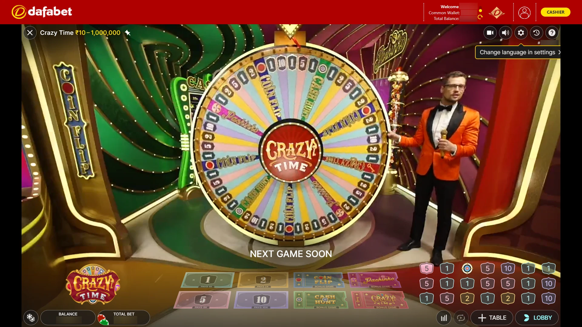 Watch the wheel rotation to start your Dafabet Crazy Time Game.