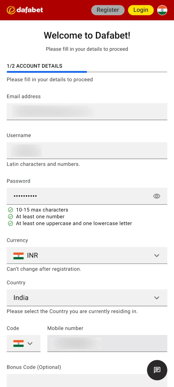 Enter your personal details and provide the necessary information to create a Dafabet account.
