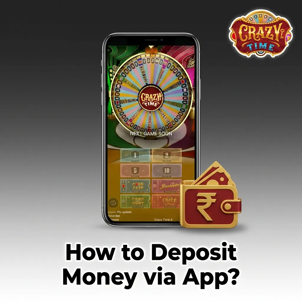 Phone screen showing app deposit steps with UPI, bank transfer, e‑wallet options and balance updating before Crazy Time game.